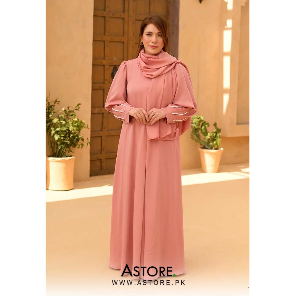 Pearls slit abaya pink